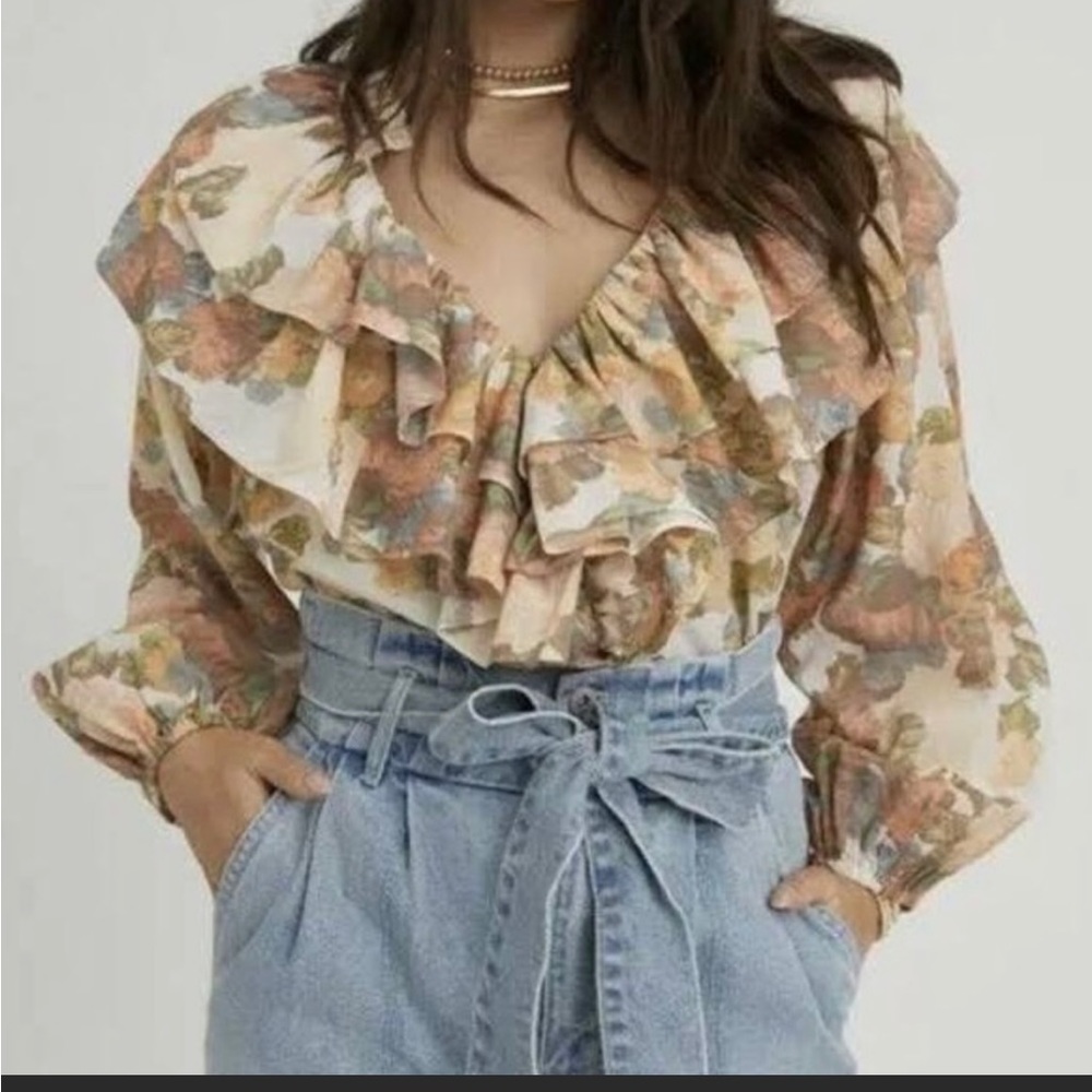 Something Navy Floral Ruffle Blouse. Size XXS.